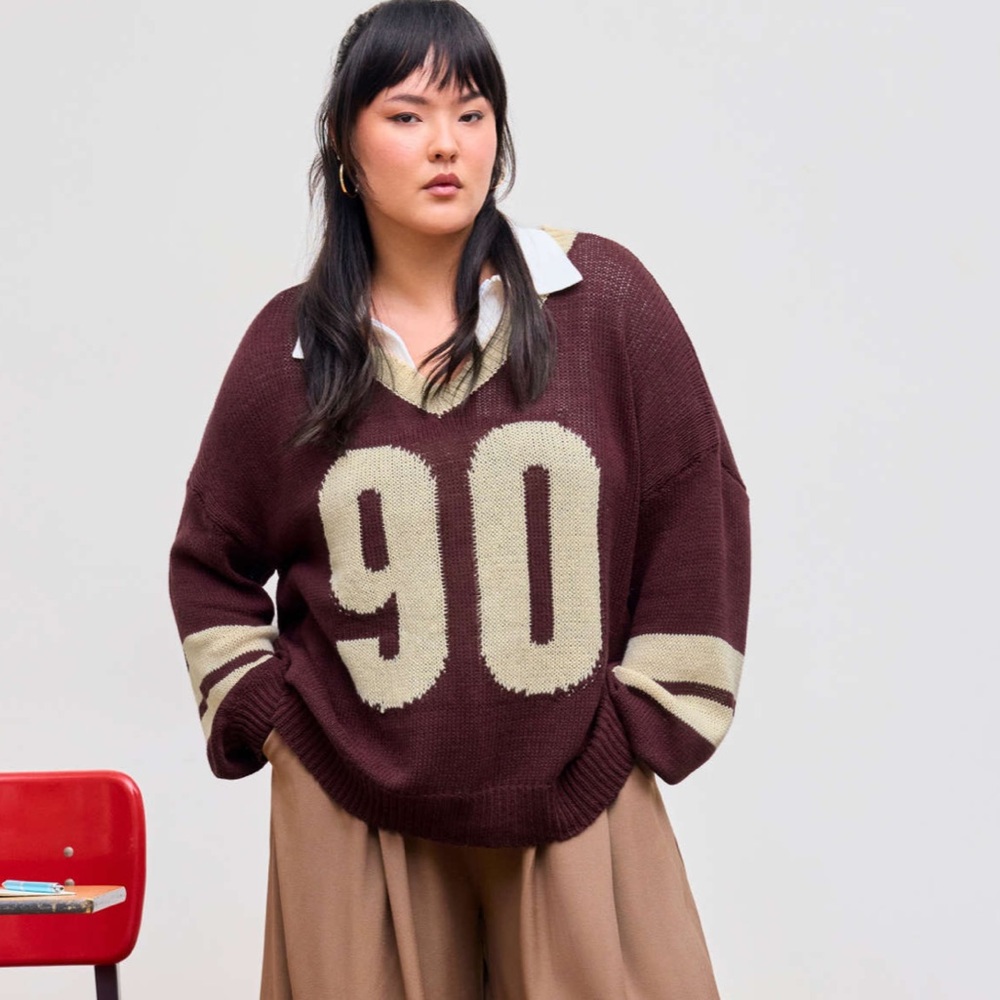 Shop Cider Maroon and Cream V-Neck Sweater with Number 90